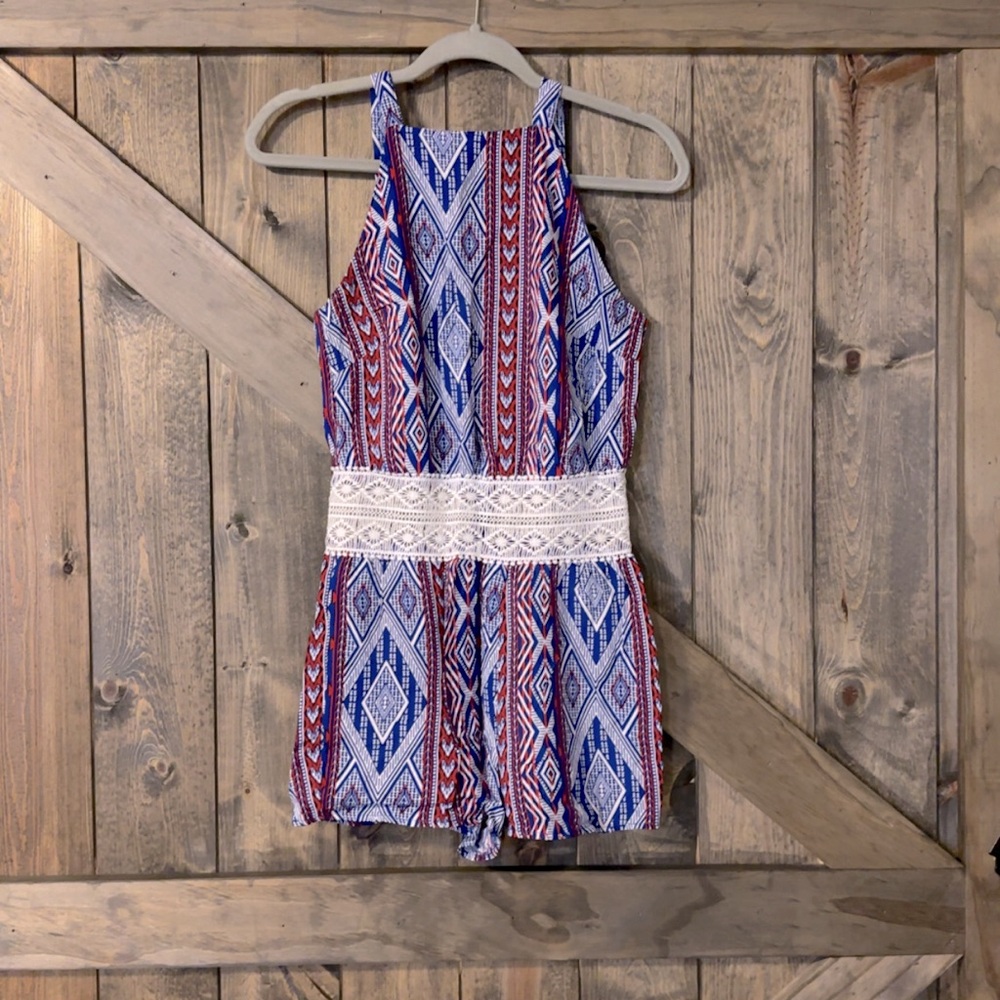 Rue 21 Tribal Print Sleeveless Romper‎ with Lace Detail